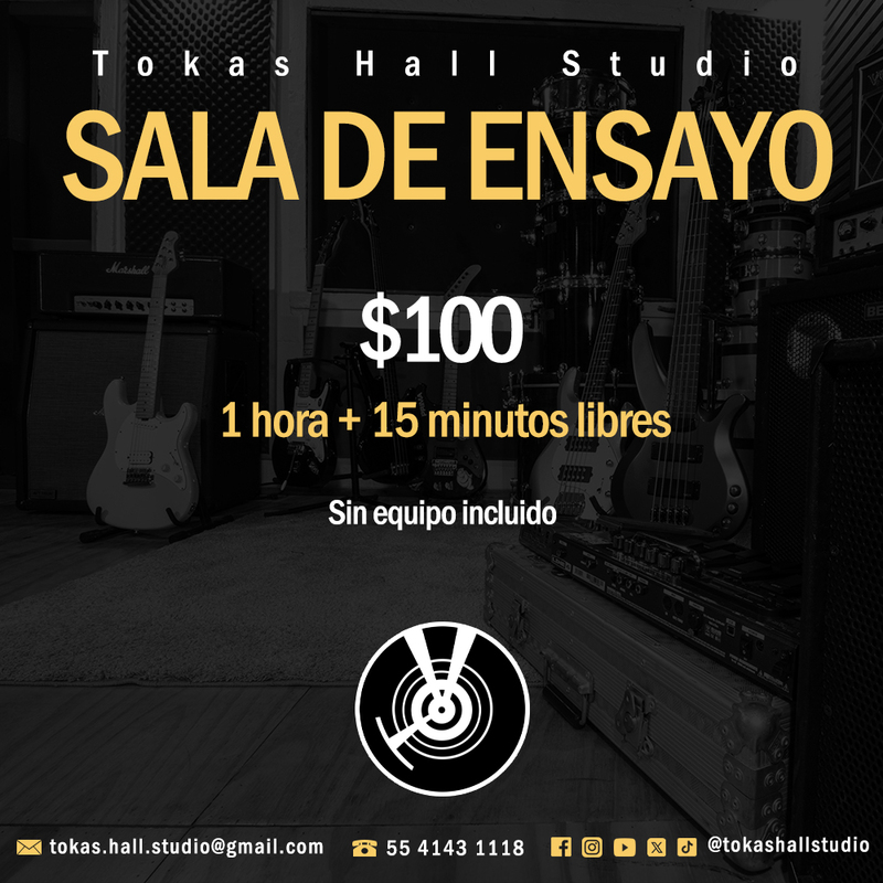 Sala de ensayo: $100 por 1 hora (más 15 minutos libres). Sin equipo incluido.