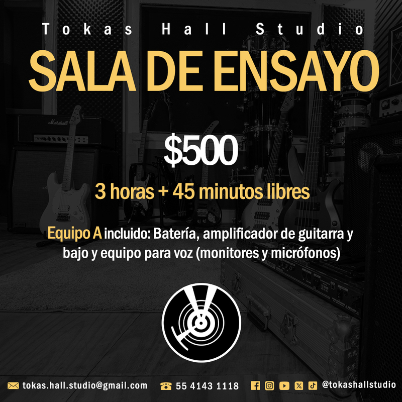 Sala de ensayo: $500 por 3 horas (más 45 minutos libres). Equipo incluido.